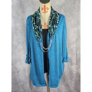 Kim Rogers Women's Blue Black Cardigan Blouse Sz M With Scarf Career Casual